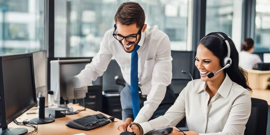 customer service representative assisting a happy customer in a modern telecom office