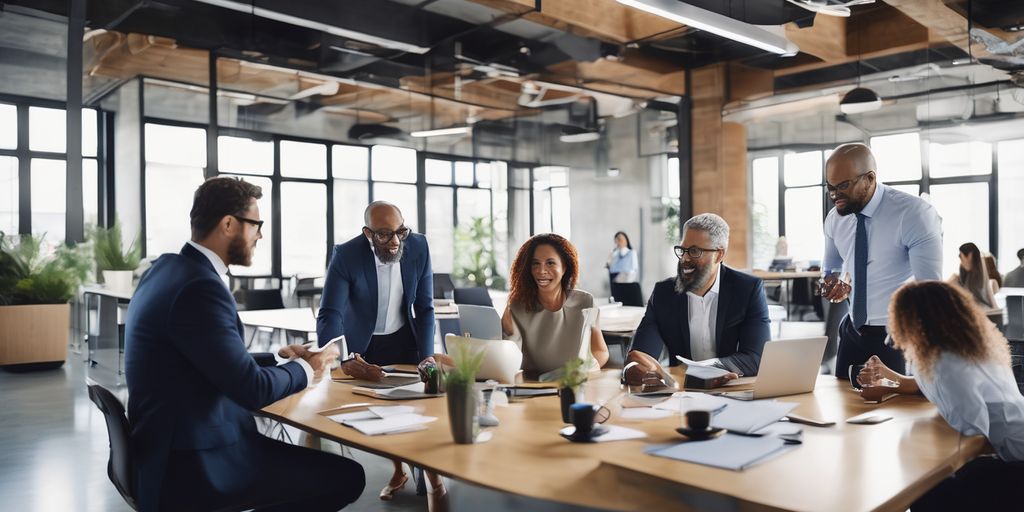 business people discussing over digital devices in a modern office