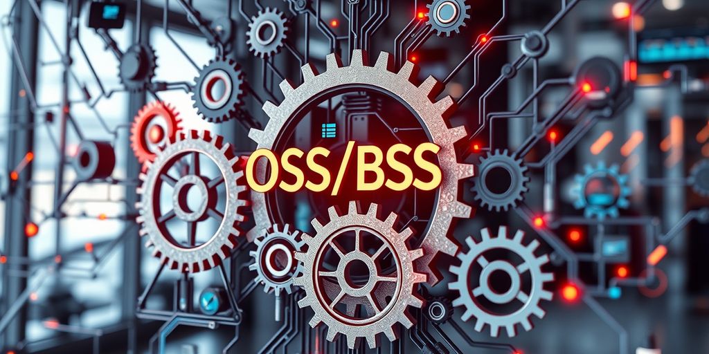 Interconnected gears representing OSS/BSS integration in telecommunications.