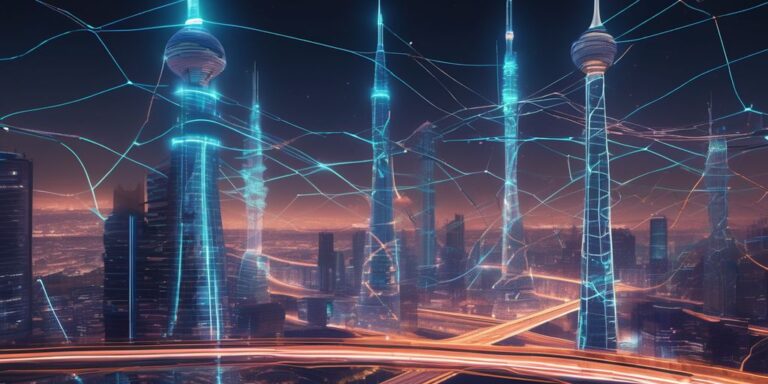 Futuristic cityscape with glowing data lines and telecom towers