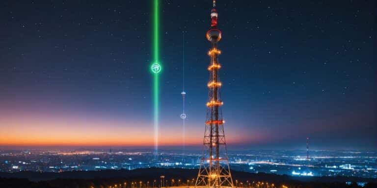 Telecom tower with digital network icons