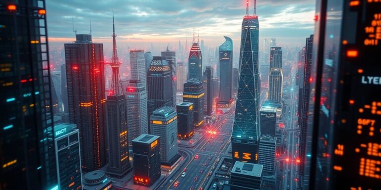 Futuristic city with interconnected devices emitting signals