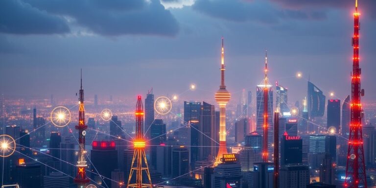 Blockchain nodes connecting telecom towers in a futuristic city.