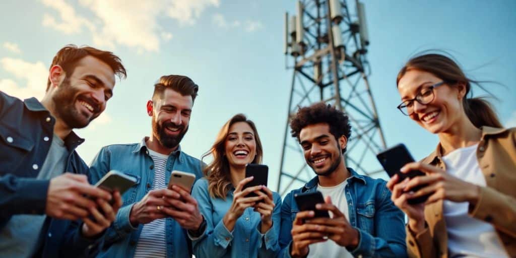 Happy telecom customers using smartphones