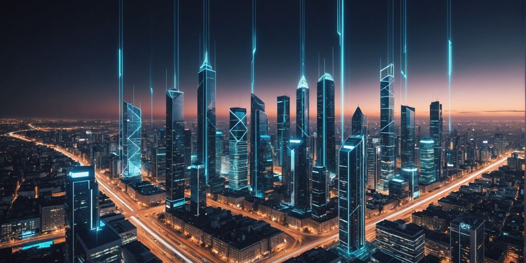 Futuristic cityscape with glowing digital connections.