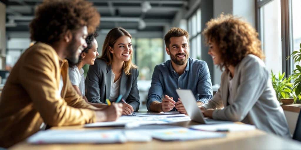 Diverse professionals collaborating in a modern office.