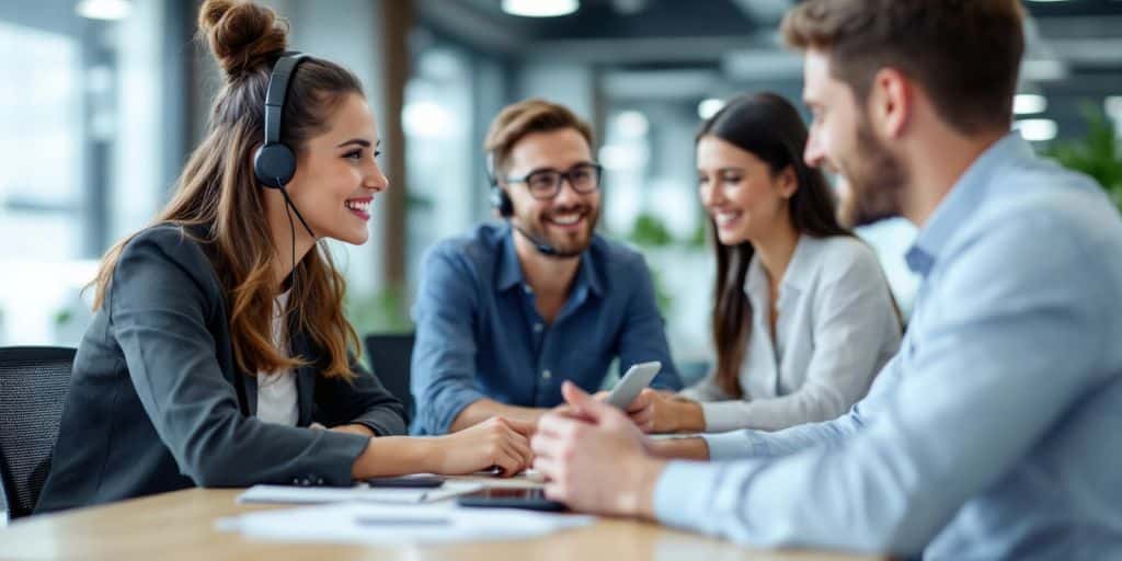 Customer service representatives assisting clients in a telecom office.